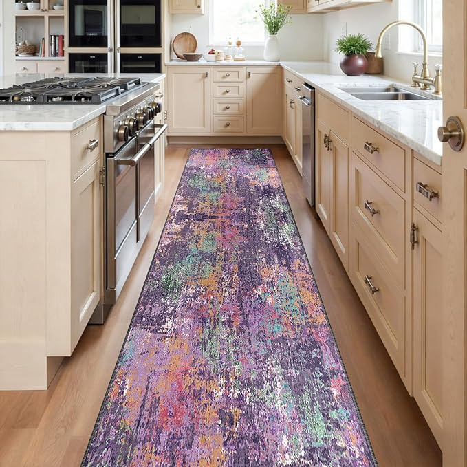 RELEANY Washable Area Rugs 2'x10' Non-Slip Modern Abstract Soft for Living Room Entryway Bedroom Nursery, Print Pattern, Purple Orange Blue Green Rust Red Colorful
