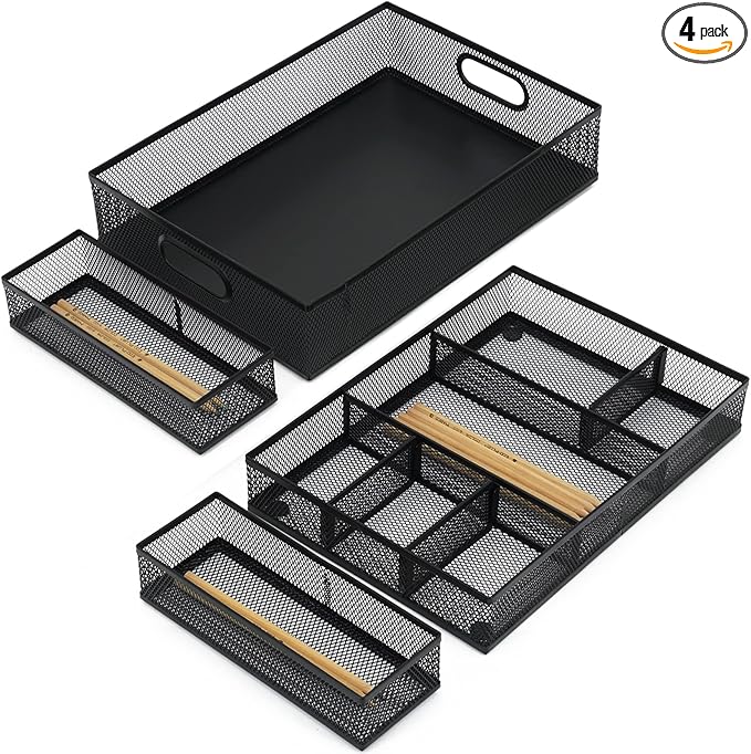Neudeco Desk Drawer Organizer with 6 Adjustable Dividers, Metal Mesh Pen Organizer for Desk Drawer, Office Supplies Tray (Pack of 4, Black)