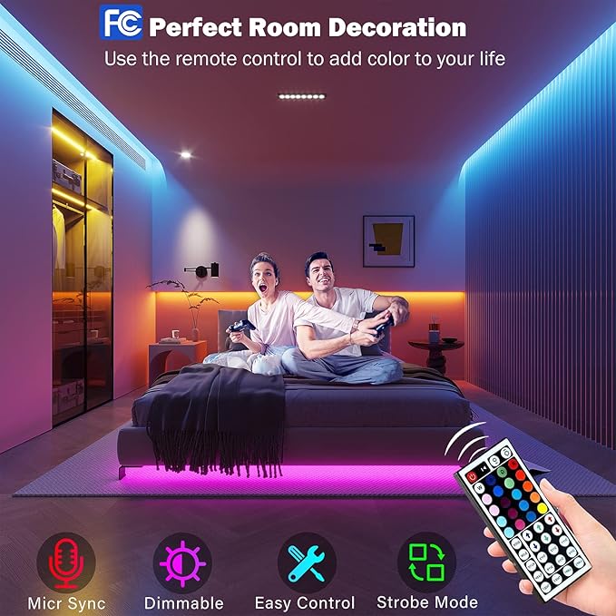Leeleberd 50ft Led Strip Lights, Music Sync Color Changing Led Light Strips, App Control and Remote, Led Lights for Bedroom Living Room Party Home Decoration