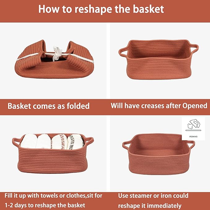 XUANGUO Woven Cotton Rope Storage Basket with Handles for Organizing Shelves Closet Small Cat Dog Pet Toy Baskets Box Bin Decorative Rectangle Baby Nursery Basket Gift Basket Empty (Rust)