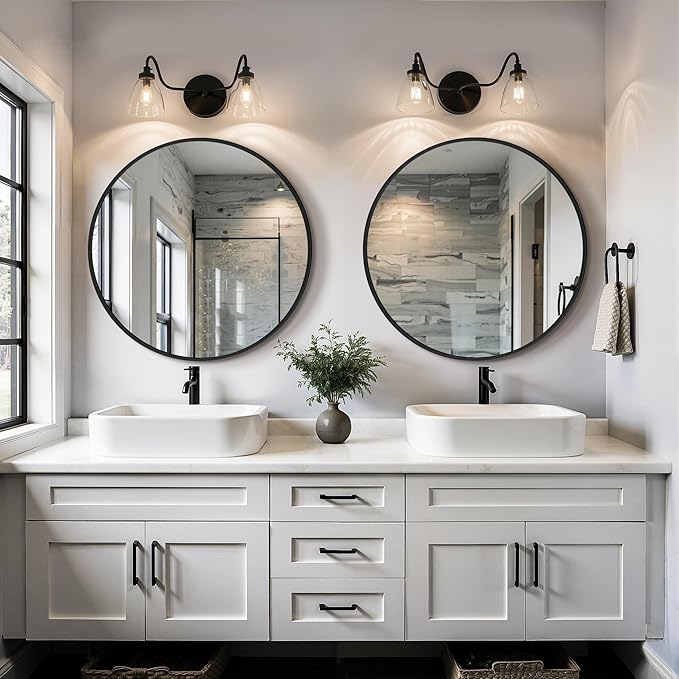 22 Inch Round Bathroom Mirror, 2 Pack Black Metal Framed Circle Wall Mirror for Over Sink, Modern Vanity Mirror for Bathroom with Tempered Glass