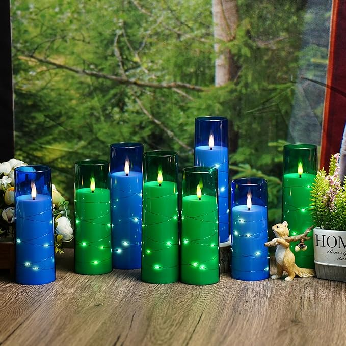 Eebuss Flameless Candles with Embedded Star String, Battery Operated LED Pillar Candles with Timer and Remote Control,Home Decorating for Ambiance， Set of 7 (Blue)