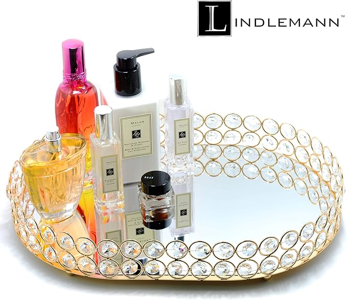 Crystal Vanity Tray Decorative Mirrored Dresser Perfume Trays for Makeup Cosmetic Storage Jewelry Trinket Storage Organizer for Bathroom Countertop Home Décor (Oval, 14x10in, Gold)