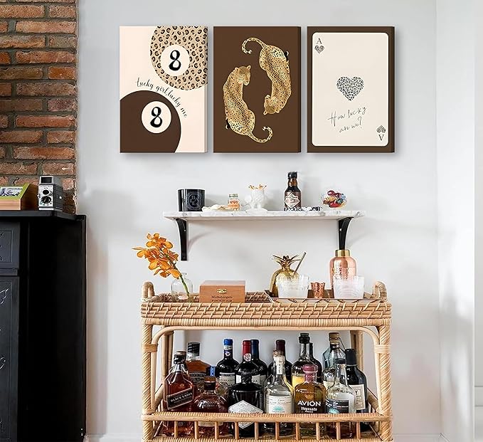 3pcs Framed Trendy Leopard Canvas Wall Art Funky Lucky 8 Ball Posters Prints Preppy Room Aesthetic brown Cheetah Prints Wall Decor Pictures for living room Bedroom Dorm Apartment