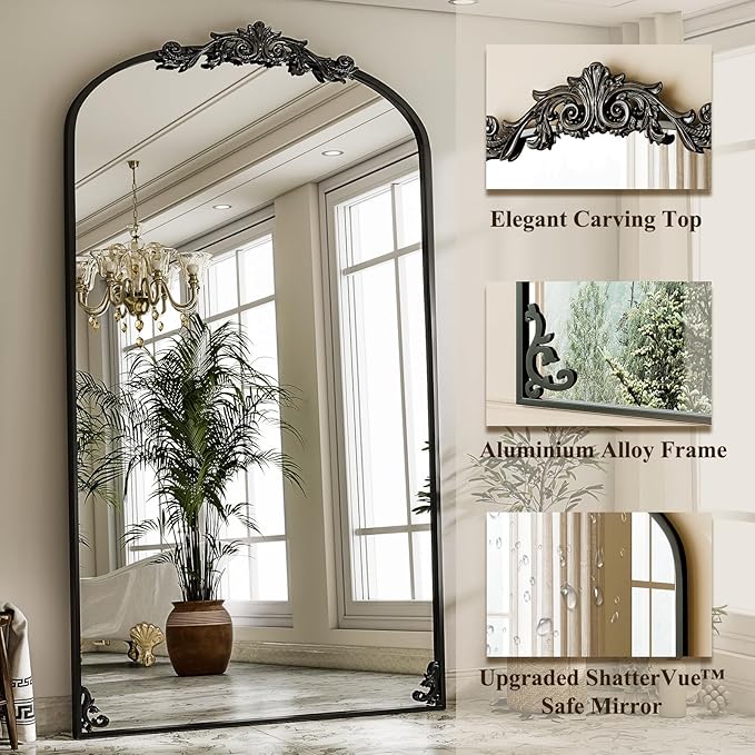 GLSLAND Vintage Mirror - 72"x 44" Full Length Mirror Large Carved Arched with Metal Frame Baroque Full Body Mirrors for Bathroom/Living Room/Entryway,Black