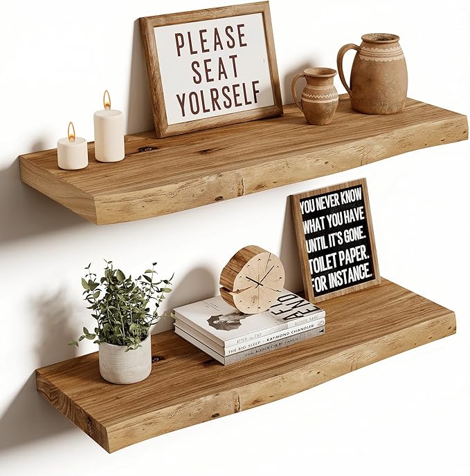 Vivelove Live Edge Floating Shelves 24 inch, Elm Wood Shelf, Rustic Farmhouse Wall Shelf with Invisible Bracket for Living Room Bedroom Bathroom Office Book, 24x8 - Set of 2 - Natural