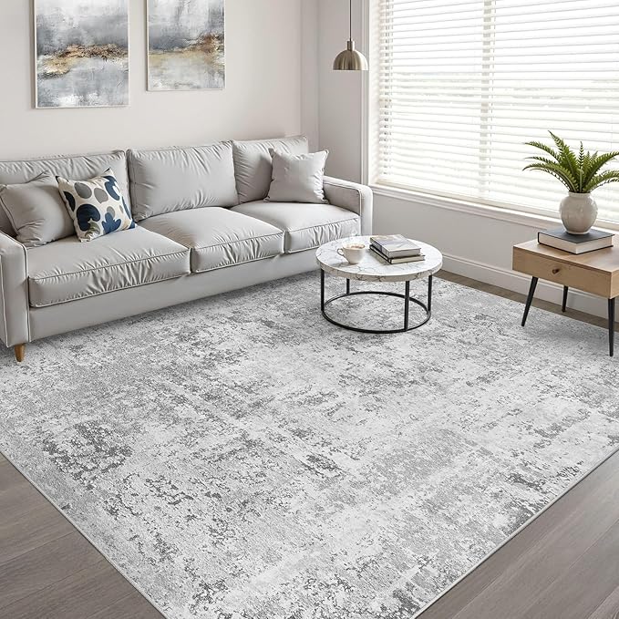 8x10 Area Rugs Living Room: Washable Large Neutral Rug Abstract Soft Modern Stain Resistant Indoor Floor Non-Slip Carpet for Bedroom Nursery Kids Office Playroom Dining Room Under Table- Light Gray