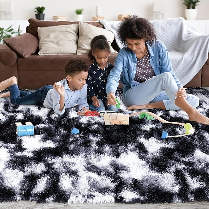 Area Rugs for Living Room 6x9, Ultra Soft Fluffy Rug for Bedroom, Modern Shaggy Carpets Fuzzy Rug for Girls Boys Room Home Indoor Nursery Teens Dorm Decor, Upgrade Non-Slip Durable, Black and White