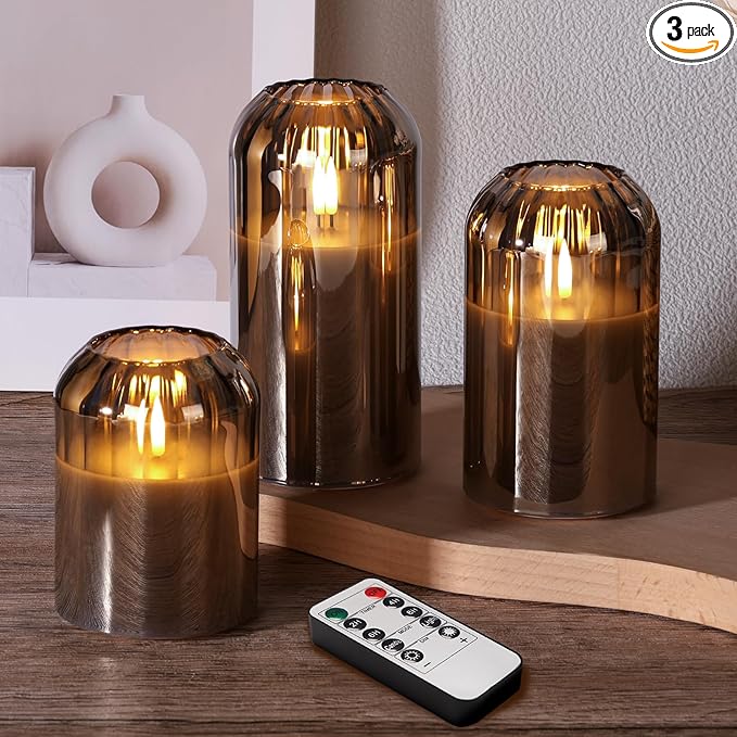 Grey Glass Flameless Pillar Candles with Remote, Flickering Battery LED Candles Table Decor Gift Set of 3