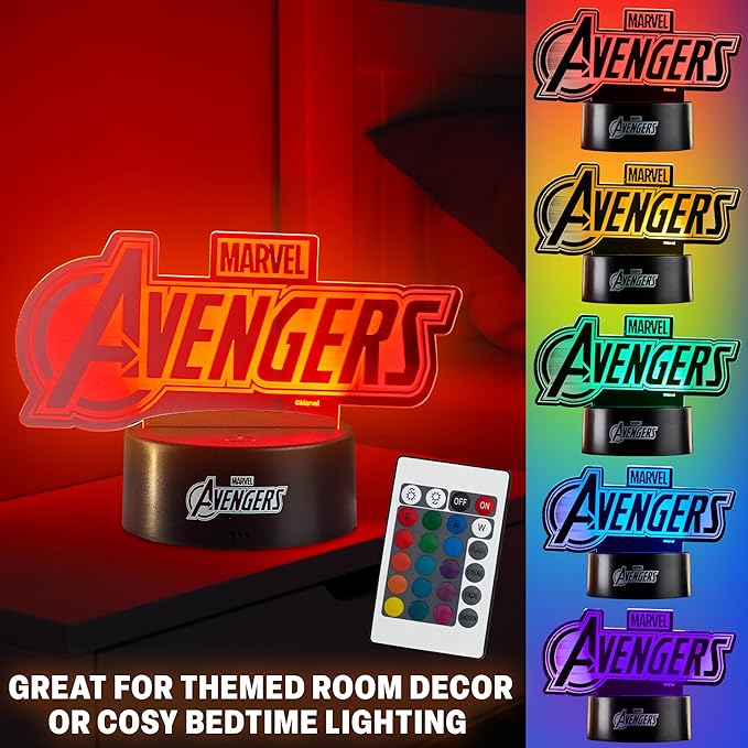 Get Trend Marvel Avengers 3D Illusion Night Light for Kids, 16 Colors, 4 Lighting Modes, Dimmable, Dual Powered LED Desk Lamp with Remote Control, Bedroom Decor, Gifts for Boys, Girls (Multi Avengers)