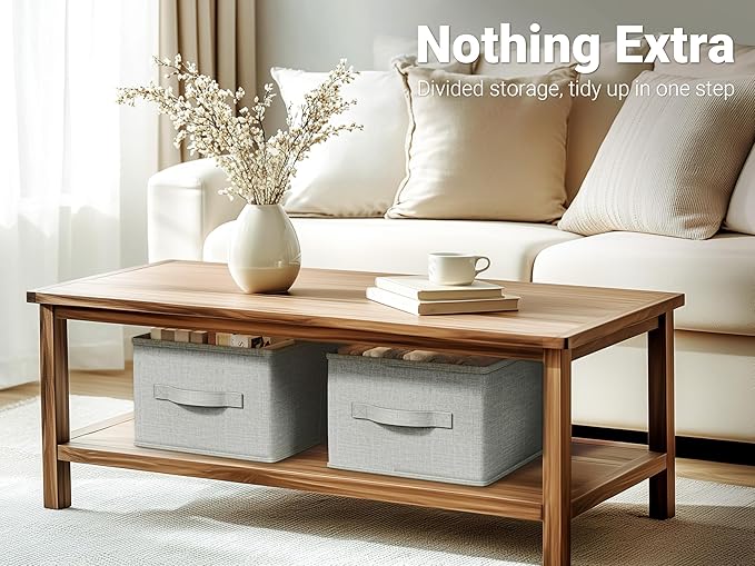 LayerSpace 3 Pack Fabric Storage Bins for Shelves | 14.75x10.25x8.25 in Storage Baskets | Fabric Closet Organizers with Handles Home Organization | Linen Clothes Storage Bins | Light Gray