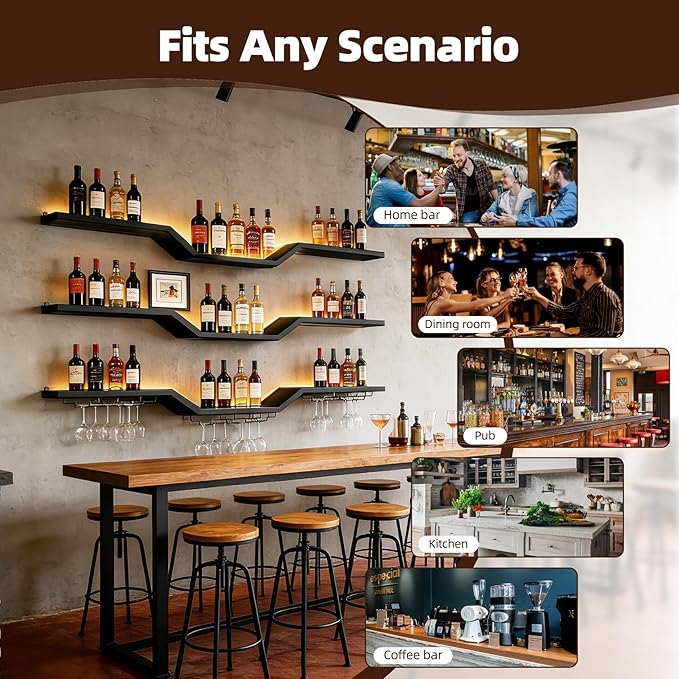 39.4" Large Modern Wall Mounted Wine Rack with LED Light, 3-Tier Floating Bar Shelves, Large Bar Shelf with Wine Glass Rack, for Home Bars and Restaurants, Black