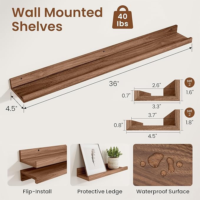 Heimlove Picture Ledge Shelf,36 inch Long Floating Shelves for Wall Set of 4,Picture Shelf with Lip for Wall Decor,Living Room,Bedroom,Bookshelf,Nursery,Perfume,Walnut Color