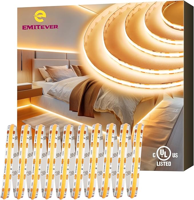 EMITEVER COB LED Strip Lights Warm White, 24V 2700K Tape Light Premium High Density 25ft, 300+Lumens/ft, 3600LEDs/Spool, Ra 90+, 3W/ft, UL Listed 5 Year Warranty (Power Supply Sold Separately)
