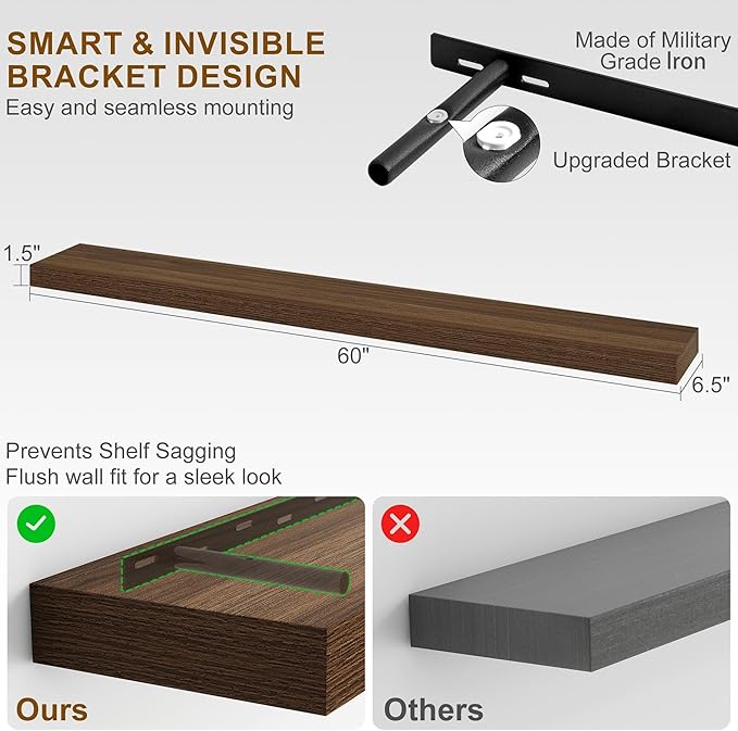 Fun Memories 60 Inch Fireplace Mantel - Long Floating Shelf, Wall Mounted Farmhouse Display with Invisible Heavy Duty Metal Bracket, Walnut, 2 Pack