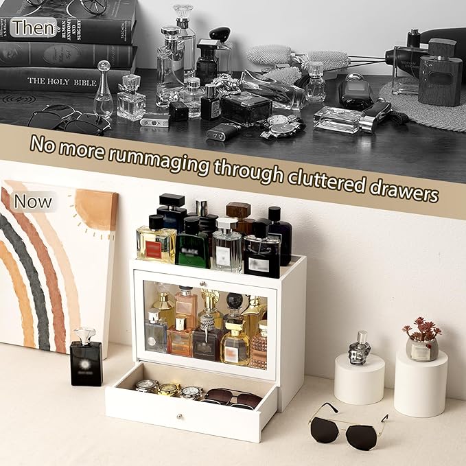 Emfogo Cologne Organizers Stand for Men, Solid Wood Perfumes Organizers Stand for Men Dresser, Large Capacity Dustproof Cologne Holder with Drawer Storage Perfume Stand, Ideal Gift for Loved ones