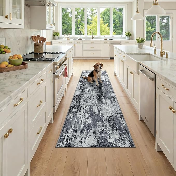RELEANY Washable Area Rugs 2x7 Non-Slip Modern Abstract Soft for Living Room Entryway Bedroom Nursery, Print Pattern, Black Navy Blue Gray