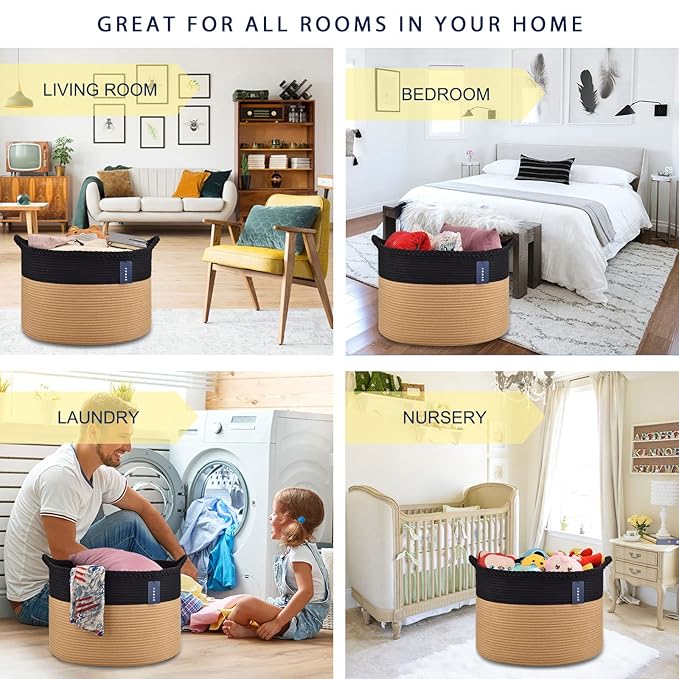 COMSE Extra Large Blanket Basket, Woven Laundry Basket, 21.7”x 13.8”, Nursery Hamper, Cotton Rope Laundry Hamper Living Room for Storage Toys Clothes Towels (Black & Camel)