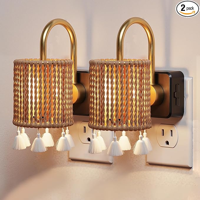 L LOHAS LED Night Lights Plug into Wall, 2 Pack Boho Fabric Cylinder Night Light with Tassel, Dusk to Dawn Sensor, 0-100LM Dimmable Night Lights, Vintage Nightlight for Bedroom, Living Room, Hallway