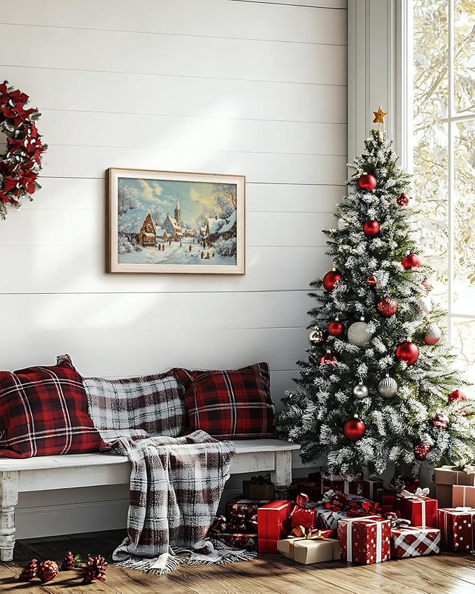 VIYYIEA Winter Framed Wall Art for Living Room, Snow Village Canvas Prints, Oil Painting Home Decor, Christmas Picture, Bathroom Wall Decor Gifts for Friends or Family - 16L x 12W