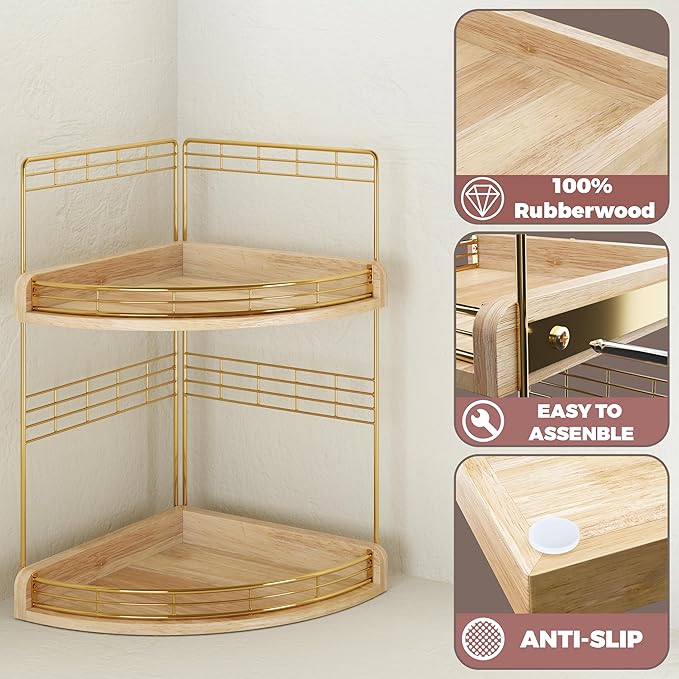 2-Tier Bathroom Countertop Corner Organizer for Small Spaces Counter Shelf for Sink & Vanity, Compact Vertical Storage for Toiletries (Natural)
