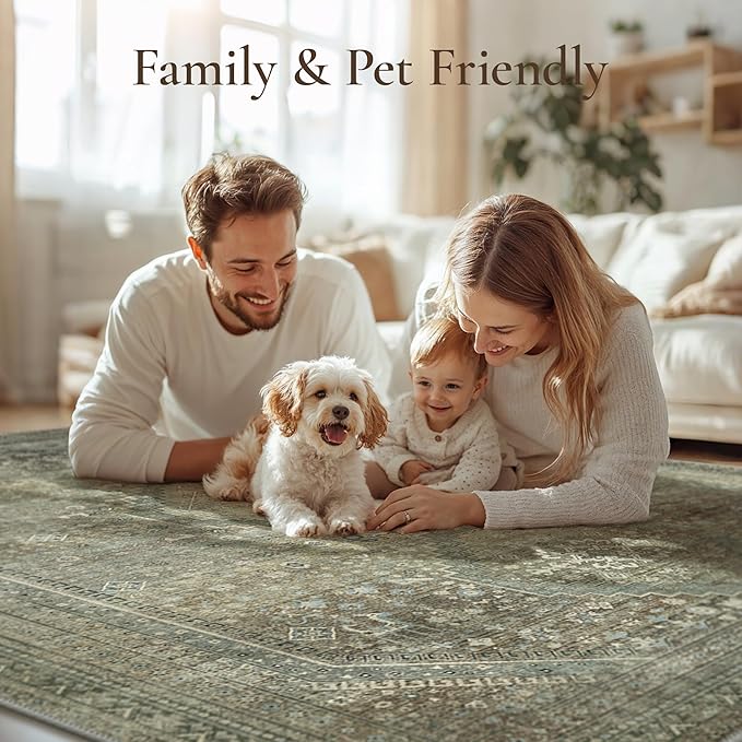GENIMO 6x9 Area Rugs for Living Room, Machine Washable Non Slip Rugs, Low Pile Lightweight Vintage Print Rug for Bedroom, Dining Room, Home Office, Sage/Blue