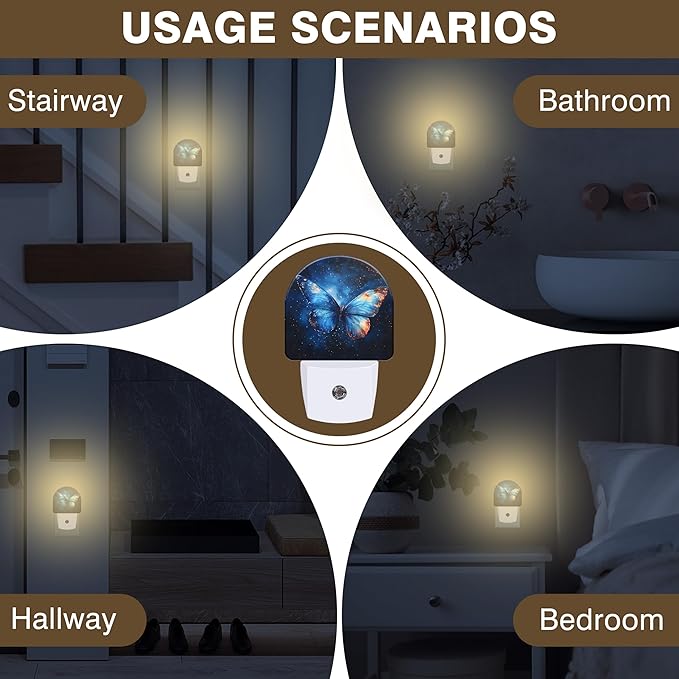 Night Lights Plug into Wall Blue Butterfly with Stars Night Light Dusk to Dawn Smart Sensor Decorative Round Led Lamp for Bedroom Kitchen Hallway Nightlight for Women Men