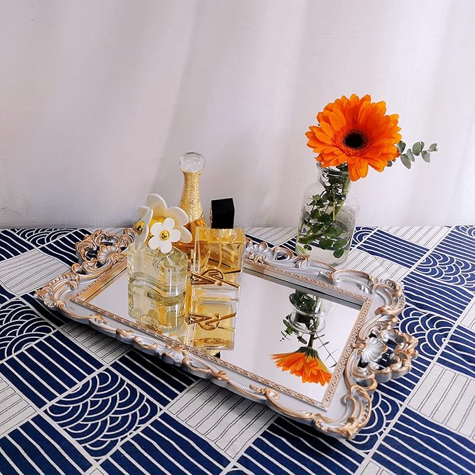 Shell Rectangle Decorative Mirror Tray, French Style, Makeup Organizer, Jewelry Organizer, Serving Tray, 9.3"x 14.9", Golden Silver