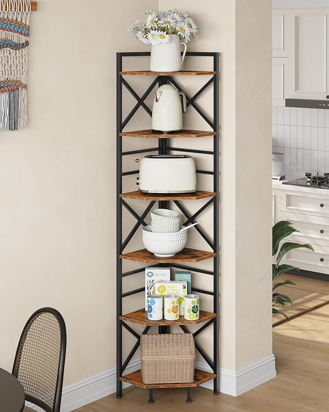 CHOEZON 6-Tier Corner Shelf, Large Corner Shelving Unit, Freestanding Storage Stand for Bedroom, Living Room, Kitchen, Industrial Engineered Wood Bookshelf Organizer, Rustic Brown and Black TCJ75BF