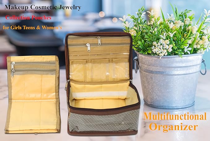 atorakushon Nylon MakeUp Organizer Case Travel Jewelry Bag Transparent Ring Earring Storage Box for Bracelet Pendant Holder with 7 Clear Zippered Pouch Brown