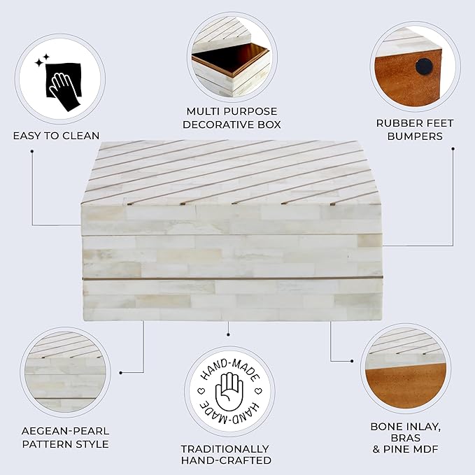 Handicrafts Home Large Decorative Storage Box with Lid – 12X8X5” Coffee Table Organizer, Keepsake- Decorative Boxes for Home Decor, Stylish Decorative Box for Office Decor-Aegean Pearl