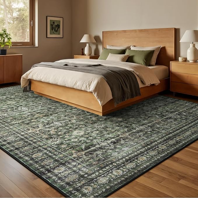 Lofus 7x10 Area Rug for Living Room,Green Washable Area Rugs with Non-Slip Backing,Soft Boho Carpets for Bedroom Dining Room Home Office Indoor Nursery