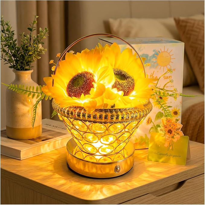Pearl Sunflower Lamp – Cordless USB-Rechargeable LED Night Light with 3-Color Touch Control, 3D-Printed Flower Table Lamp, Bedroom Reading Light, Dimmable Centerpiece, Birthday Gift for Women