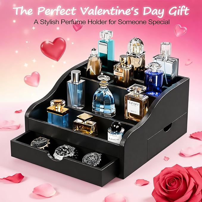 Perfume Organizer for Men，4 Tier Cologne Organizer for Men，Wood Cologne Stand with 2 Drawer and Hidden Storage for Watch, Jewelry, Perfume Display Risers, A Gifts for Man (Black)