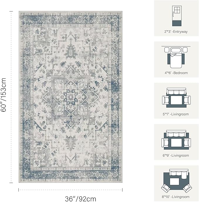 Rugxara 3x5 Washable Entryway Rug, Non Slip Boho Runner Rugs for Hallway, Entrance, Kitchen, Bathroom, Laundry Room, Soft Entryway Carpet, Throw Low Pile Retro Imitation Wool Carpet, Light Blue Grey