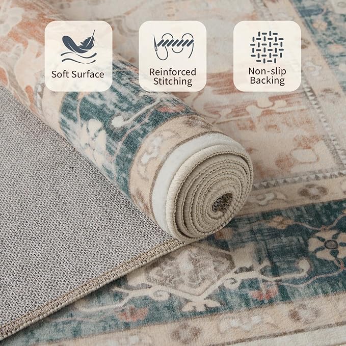 Rugxara 4ft Circle Rug, Soft Round Boho Rug, Washable Non Slip Area Rug for Living Room, Bedroom, Dining Room, Entryway, Round Rugs for Home, Patio, Office, Kids Room, Coral(Blue&Orange)