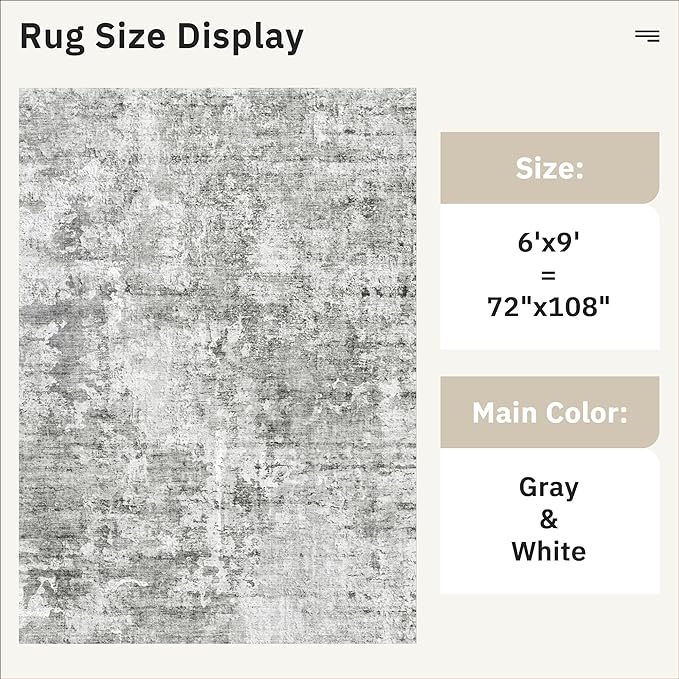 Soalmost 6x9 Abstract Area Rugs for Living Room 6 x 9 Washable Non Slip Low Pile Gray Rugs for Bedroom Dining Room Foldable Thin Gray White