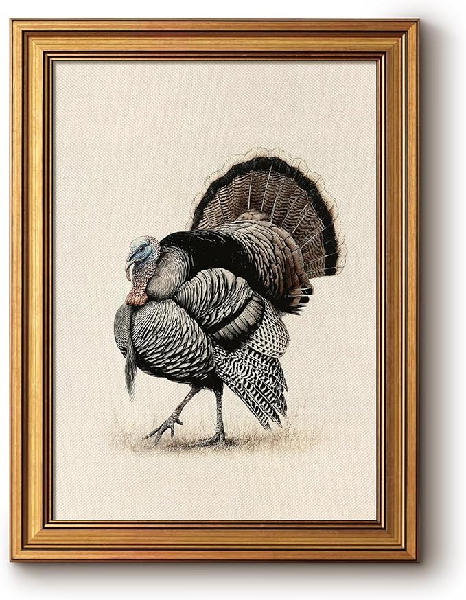 Bzstyleart Vintage Wall Art Decor for Living Room, Sketch Turkey Thankgiving Wall Art, Canvas Picture Bedroom Decor Aesthetic, Rustic Autumn Harvest Bird Artwork, Thanksgiving Holiday 12 x 16 Inch