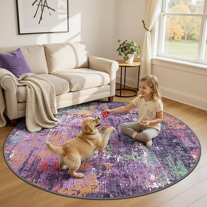 RELEANY Washable Area Rugs 6ft Non-Slip Modern Abstract Soft for Living Room Entryway Bedroom Nursery, Print Pattern, Purple Orange Blue Green Rust Red Colorful