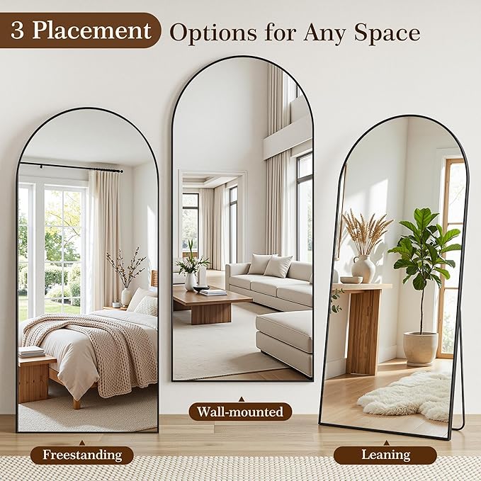 76"x34" Arched Full Length Mirror with Stand, Free Standing Leaning Wall Mounted Aluminum Alloy Frame Mirror for Bedroom Living Room Cloakroom, Black