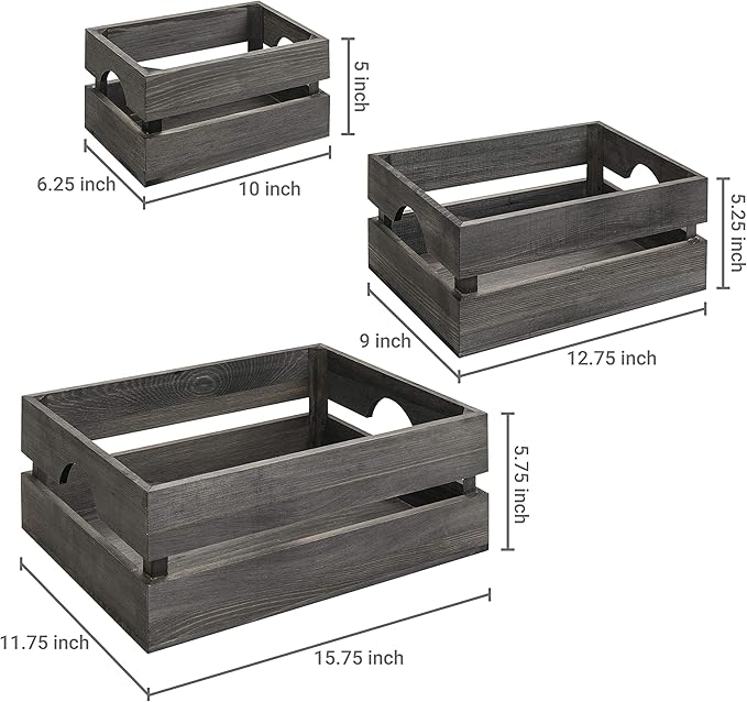 MyGift Rustic Gray Solid Wood Storage Organizer Box with Handle, 3 Piece Various Size Decorative Nesting Crate