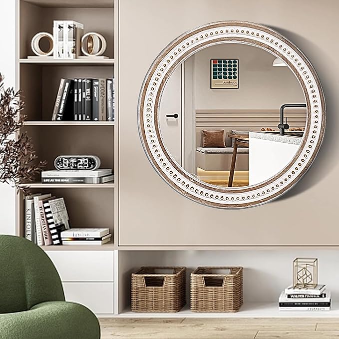 30 Inches Farmhouse Large Round Wall Mirrors Wooden, Rustic Decorative Circle Mirror for Bathroom Over Sink, Bedroom, Living Room, Entryway