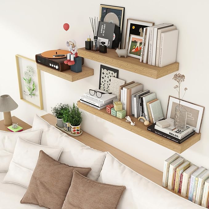 FLYJOE Deep Floating Shelves | 36 Inch Oak Floating Shelves Set of 2 | 12 Inch Deep Rustic Wood Shelves for Wall | 36" W x 12" D Oak Shelves for Living Room Bathroom Laundry Room Kitchen