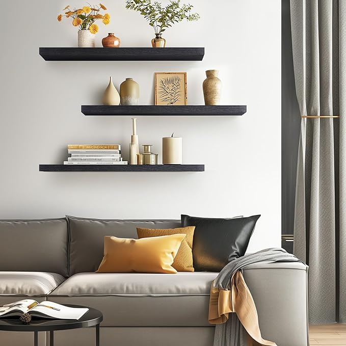 BAYKA Floating Shelves for Wall, Set of 3, 36 Inches Long Wall Mounted Rustic Wood Shelves for Bathroom, Bedroom, Living Room or Kitchen, for Book/Storage/Decor with 30lbs Capacity - Black