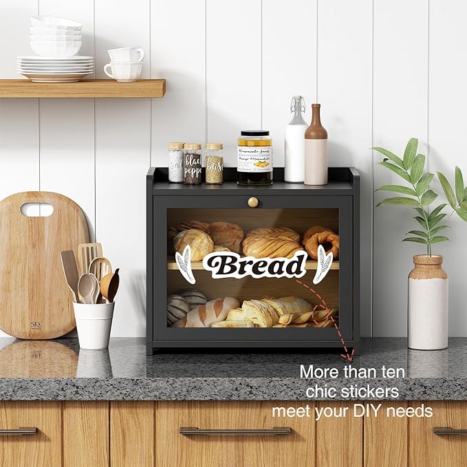 Goozii Double Layer Bread Box for Kitchen Countertop, Large Bread Storage Container for Counter Top, 2 Tier Wood Farmhouse Vintage Breadbox for Homemade Bread, Corner, Cabinet, Pantry (Black)