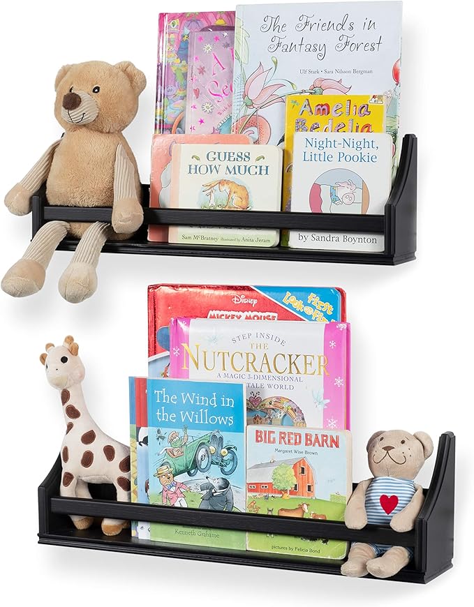 brightmaison Nursery Décor Black Wall Shelf Floating Bookshelf for Baby & Kids Room, Book Organizer Storage Molding Style Display Holder for Toys, CDs, Monitor - Ships Assembled (Set of 2)