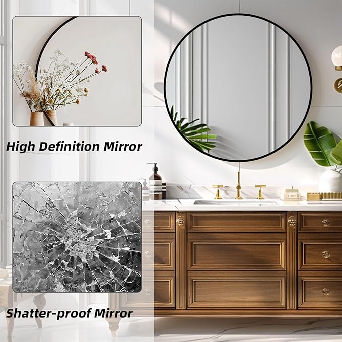 Black Round Mirror, 20 Inch Black Circle Mirror, Metal Frame Round Wall Mounted Mirrors for Bathroom, Living Room, Bedroom, Entryway, Vanity