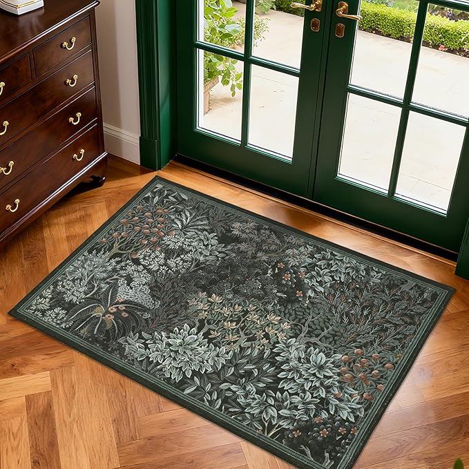 GarveeHome 2x3 Entryway Area Rug Non Slip Front Door Forest Rugs, Washable Indoor Kitchen Floor Mat Soft Low-Pile Stain Resistance Woodland Rug for Farmhouse Bedroom, Black Green