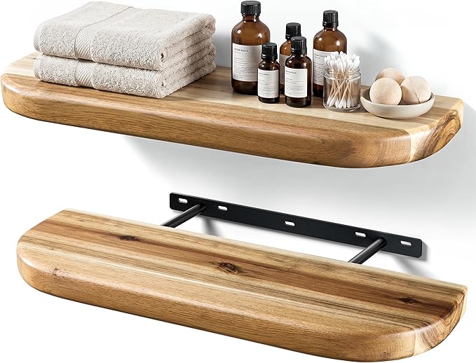 BATODA 17" Acacia Wood Floating Shelves Wall Mounted (Round Edge) – Rustic Farmhouse Wooden Wall Storage Shelf for Bedroom, Kitchen - Brackets and Shelving Hardware Included