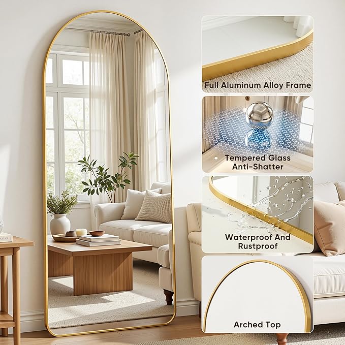 Antok Full Length Mirror, 56"x15" Floor Mirror with Stand, Hanging Mounted Mirrors for Bedroom, Living Room, Cloakroom, Dining Room, Gold, Arch